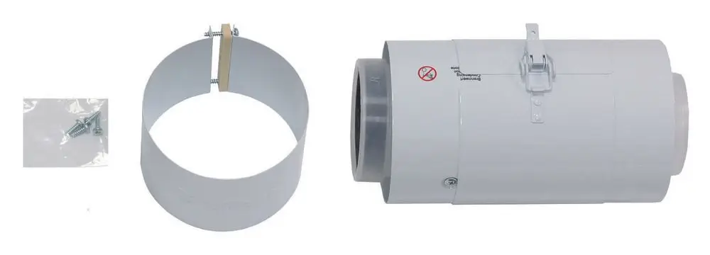 Vaillant-Reinigungsöffnung aus Kunststoff mit Clipverschluss, kombiniert mit einem zylindrischen Anschlussstück, das für die Luft- und Abgasführung geeignet ist.